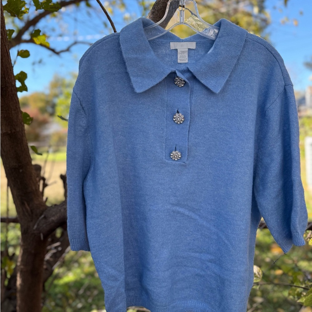 Blue Sweater with Decorative Buttons
